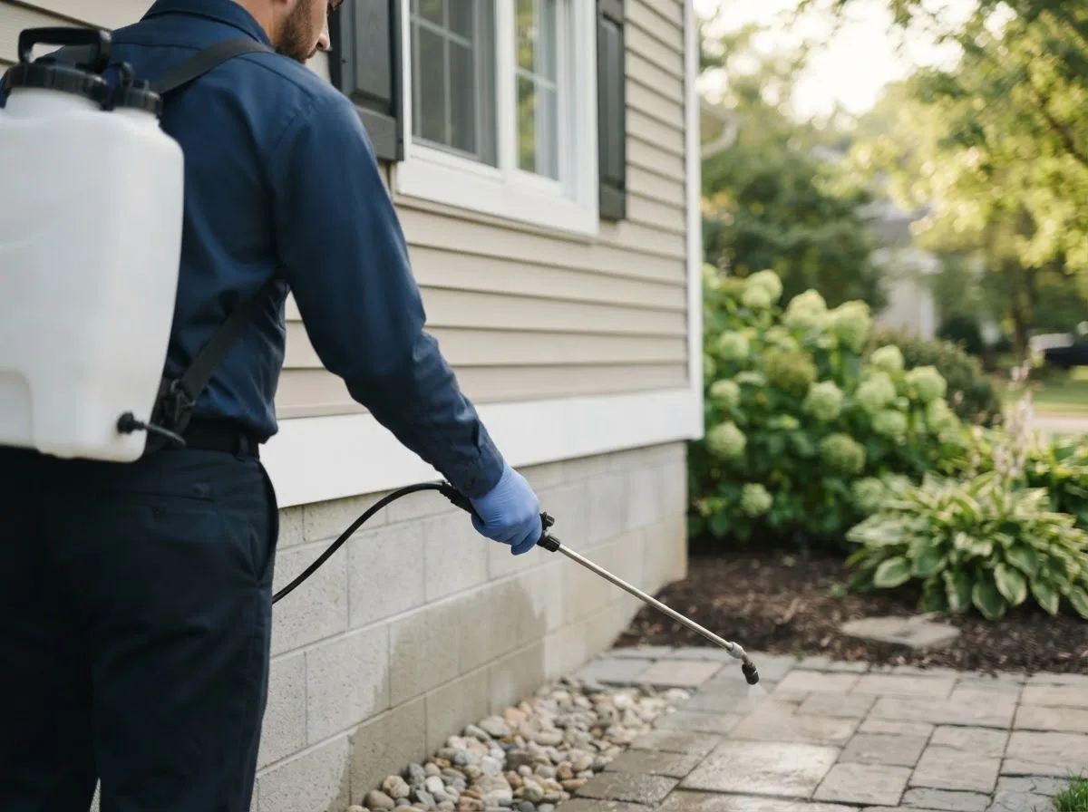 Pest control technician inspecting a home in Keuka Park, NY